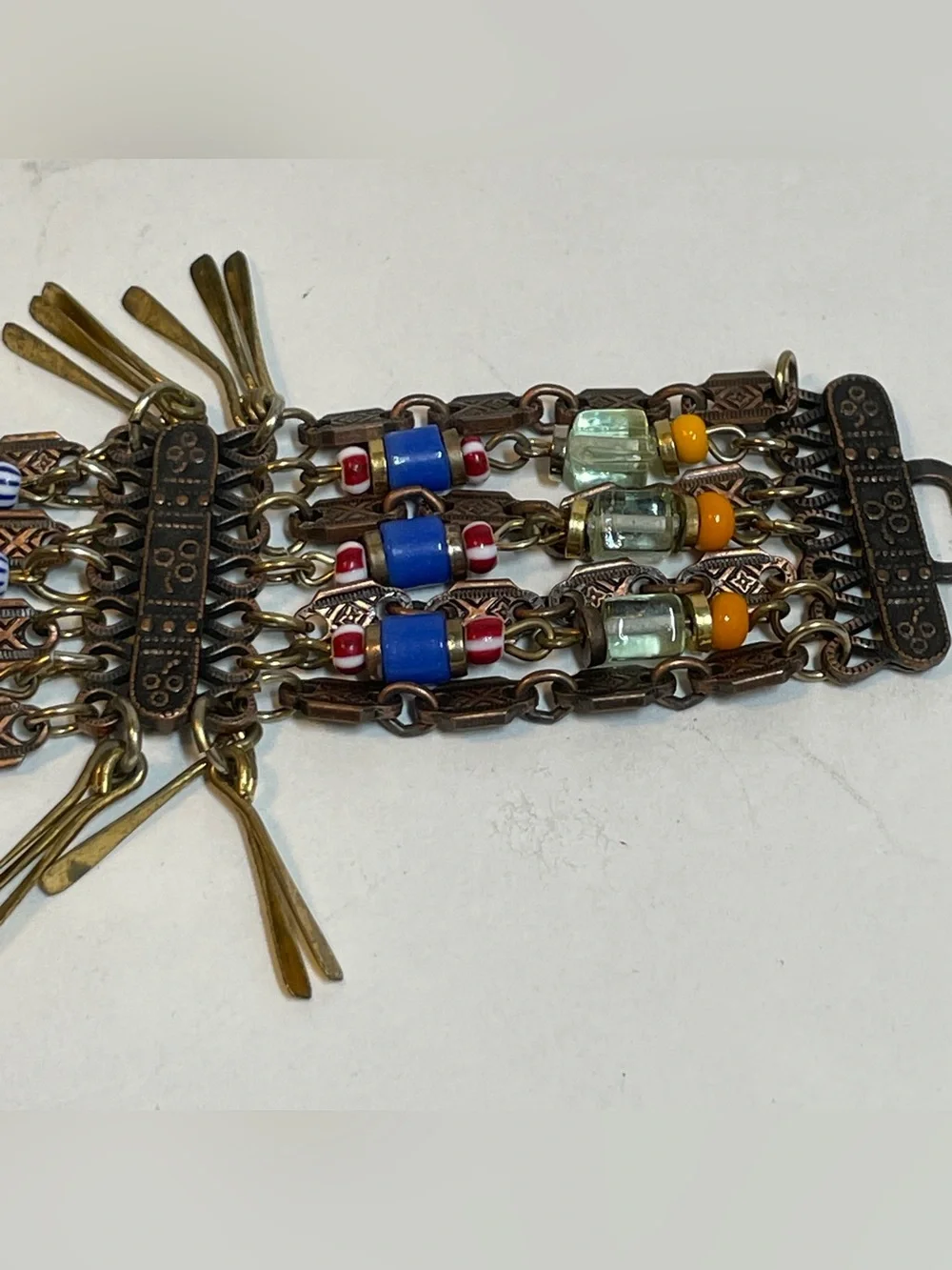 African Egyptian  Style Boho Beaded Copper Chain Brass Paddles Dangle Bracelet